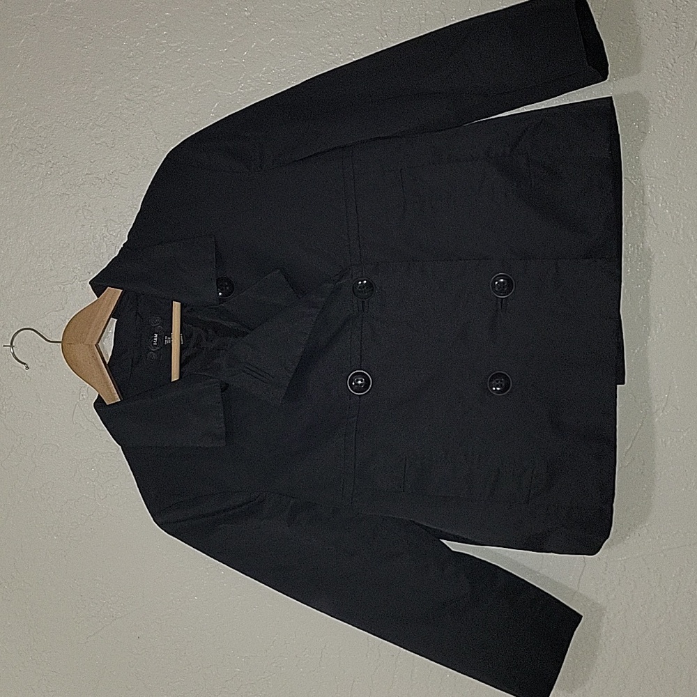 H&M Jacket Women's 16 Black Lined Woven Silky Feel Lapels Buttons Pockets Cinch